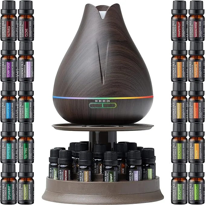 Aromatherapy Essential Oil Diffuser Gift Set - 400ml Ultrasonic Diffuser with 20 Essential Plant Oils - 4 Timer & 7 Ambient Light Settings - Therapeutic Grade