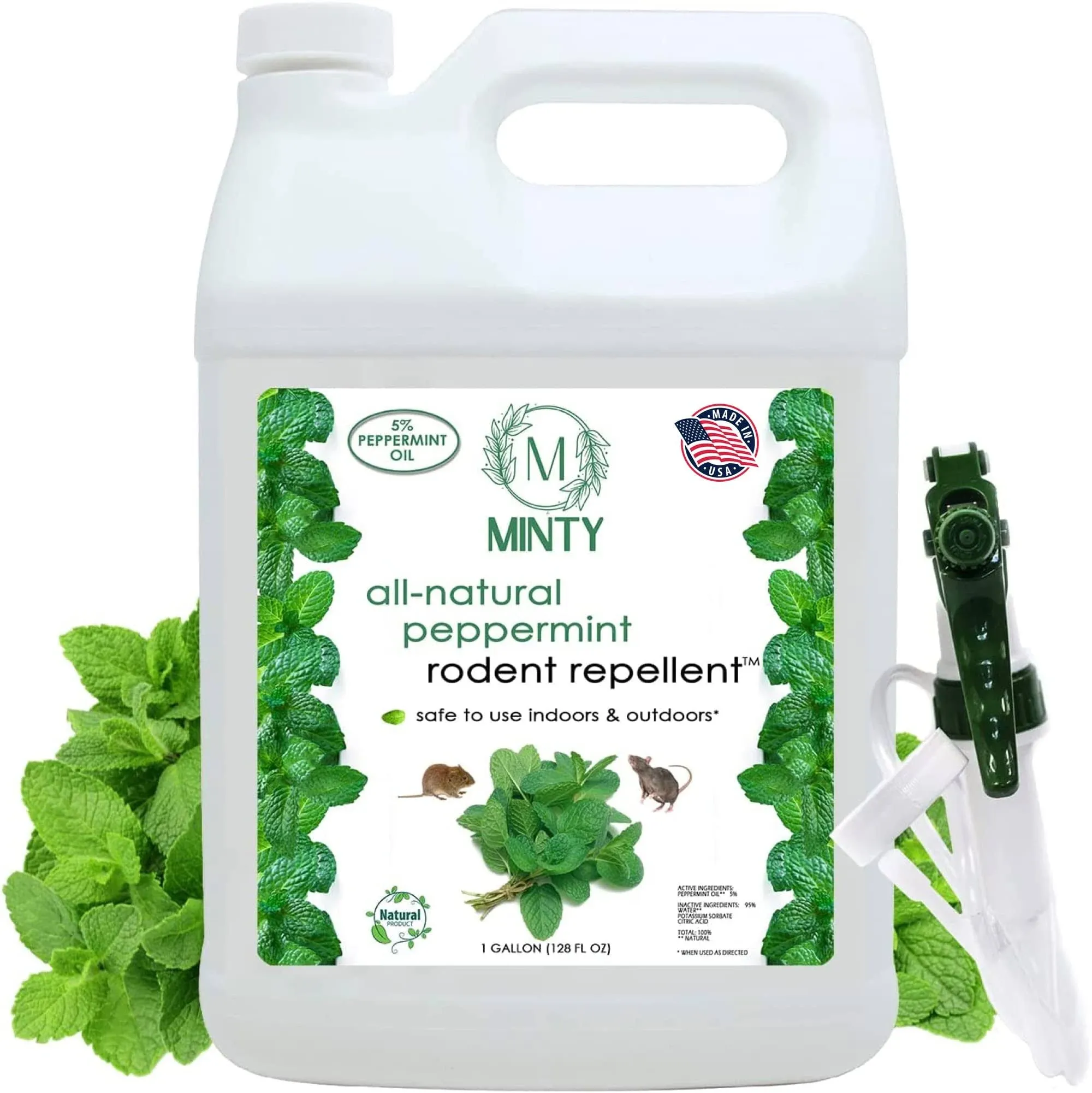 Minty Rodent Repellent, Natural 5% Peppermint Oil Spray for Mice, Rats, Chipmunks and Rodents, Indoor and Outdoor, House and Car Engine Use, 128 fl oz Gallon