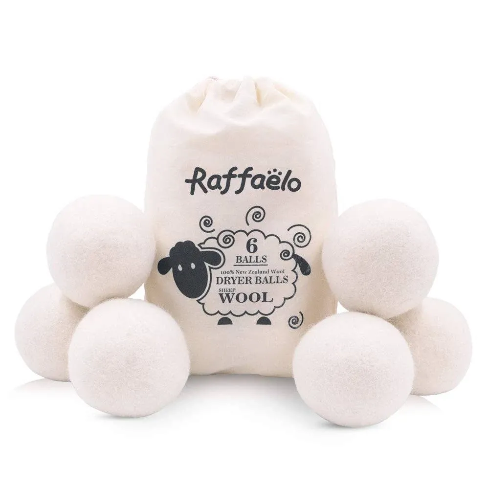 Raffaelo Wool Ball, Wool Dryer Balls XL Premium Reusable Natural Fabric Softener Pet Fur Hair Remover - Set of 6pcs (White)