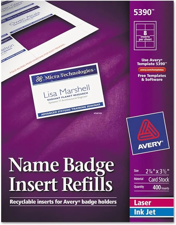 Avery 5390 Insert Badge Refill, Fits 2-1/4-Inch x3-1/2-Inch , 8/Sht, 400/BX, WE