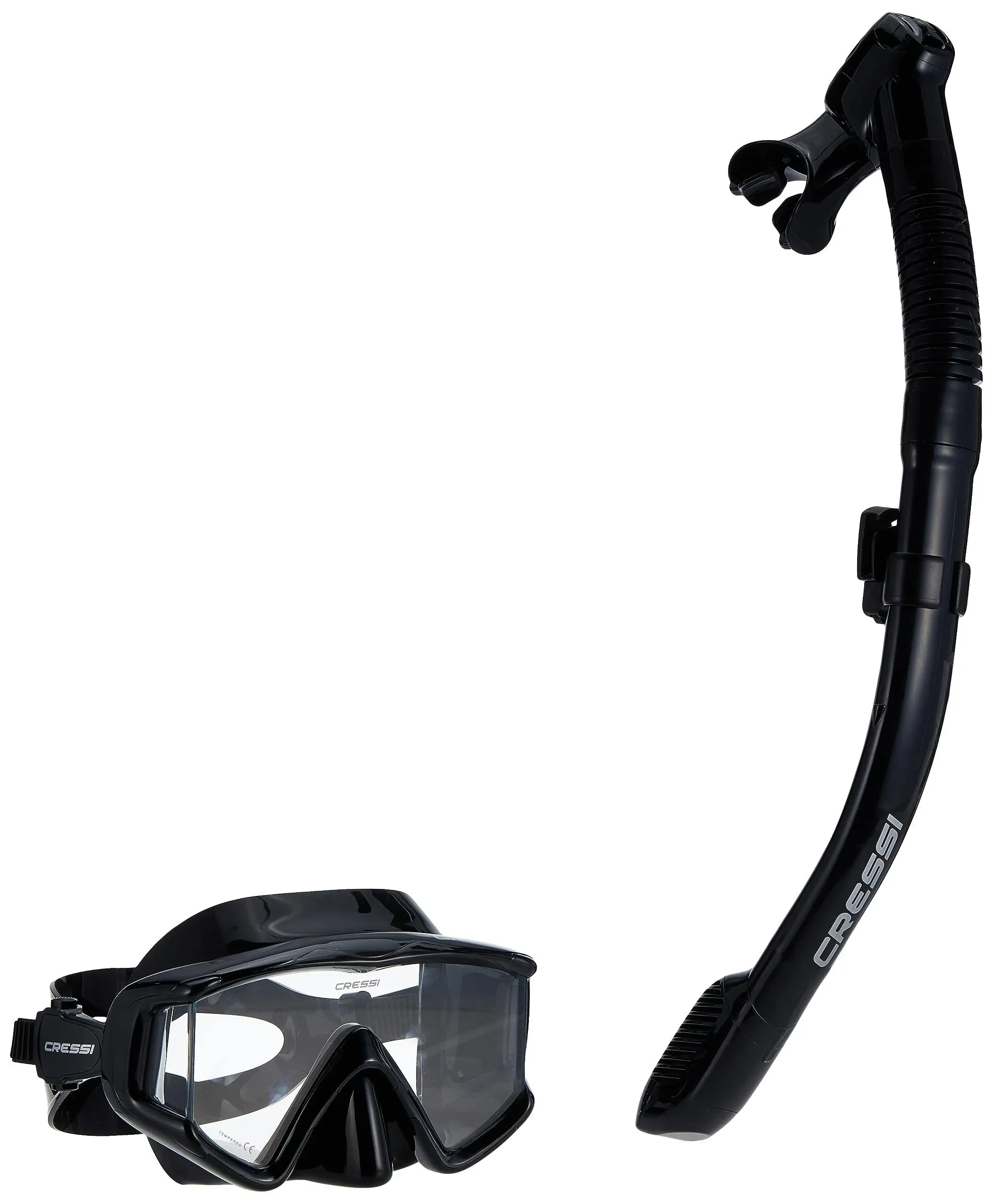 Cressi Panorama Triside Panoramic Snorkel Mask Dry Snorkel Set with Mask Snorkel Bag, All Black