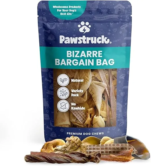 Pawstruck Bizarre Bargain Bag Assorted Natural Dog Chew Treats - Animal Ears, Jerky, Bones, Hooves, Beef Straps - Long Lasting Rawhide Alternative for Chewers All Breeds - 1 lb - Packaging May Vary