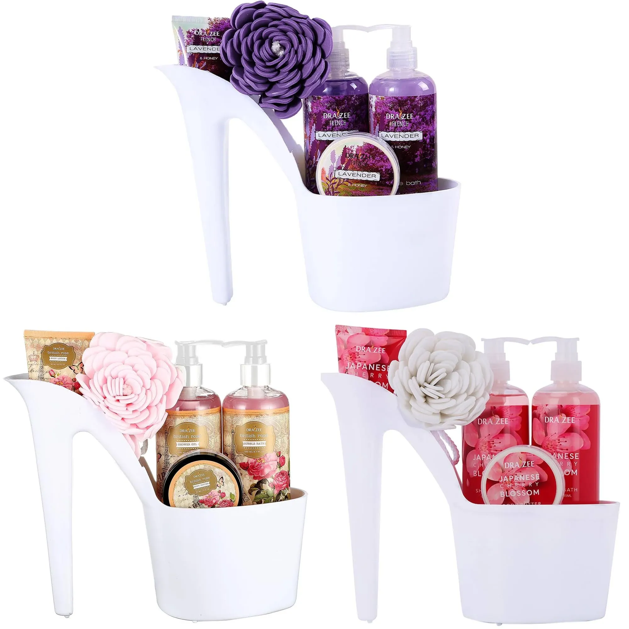 Draizee 15 Pcs Rose, Cherry, Lavender Scented Set of 3 Spa Gift Basket for Women