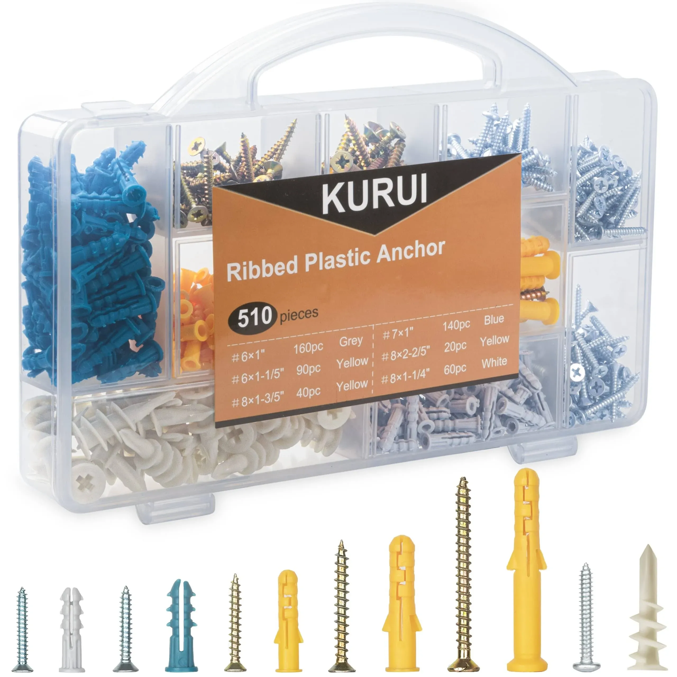 KURUI 510pcs Drywall Anchors and Screws Assortment Kit, 265 Plastic Wall Anchors ...