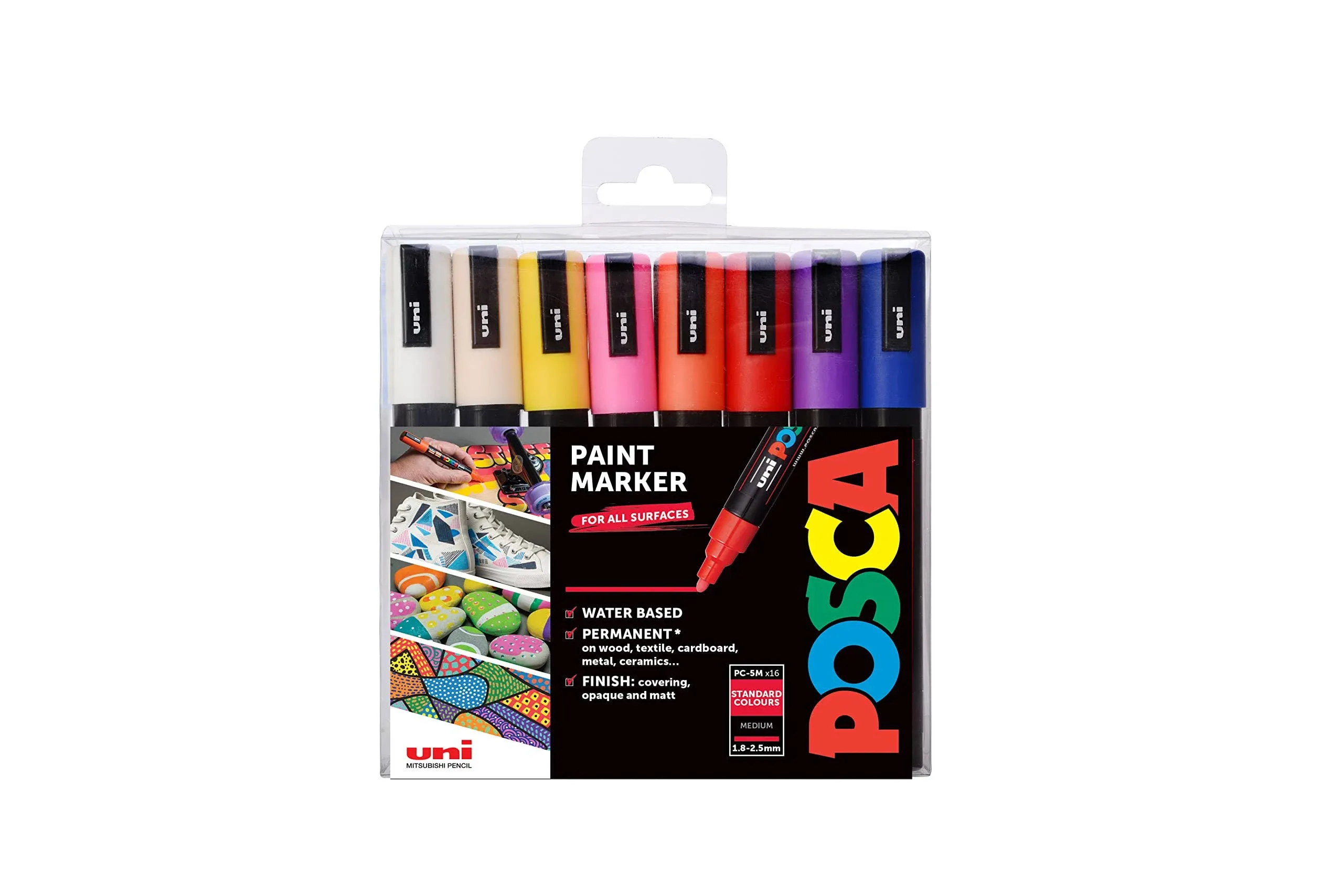 Uni : Posca Marker : PC-5M : Medium Bullet Tip : 1.8 - 2.5mm : Assorted Colors Set of 16