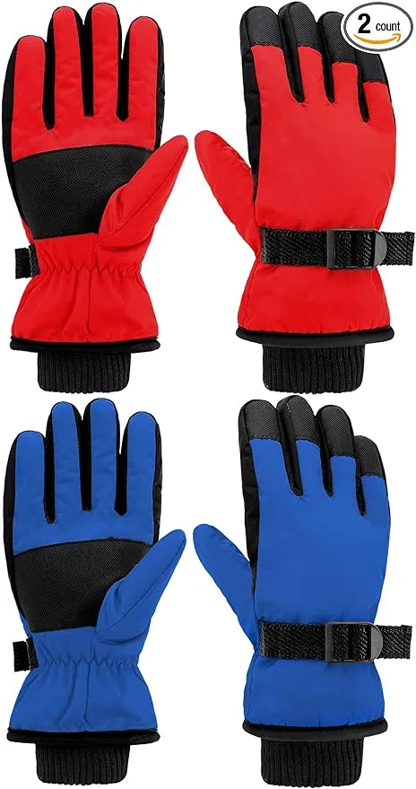 2 Pairs Kids Snow Gloves Waterproof Winter Ski Gloves Warm Unisex Gloves with...