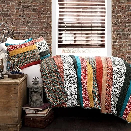 Lush Decor Boho Stripe Reversible Cotton Quilt 3-Piece Set, Full/ Queen, Turquoise & Tangerine - Bold Colorful Bohemian Bedding Set