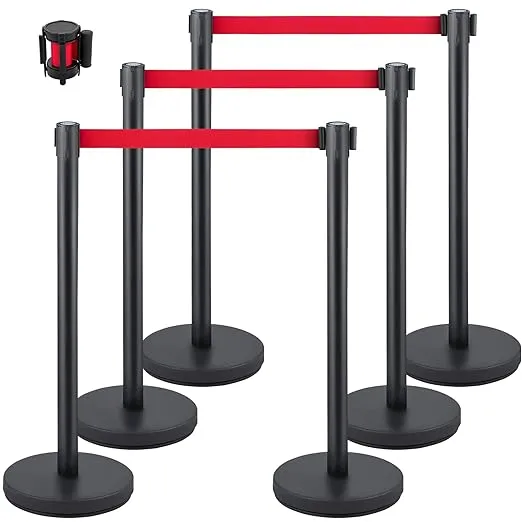 Crowd Control Stanchion, Set of 6 Pieces Stanchion Set, Stanchion Set w/ 6.6 ft/2 m Red Retractable Belt, Crowd Control Barrier w/Rubber Base \x96 Easy Connect Assembly for Crowd Control (Black)