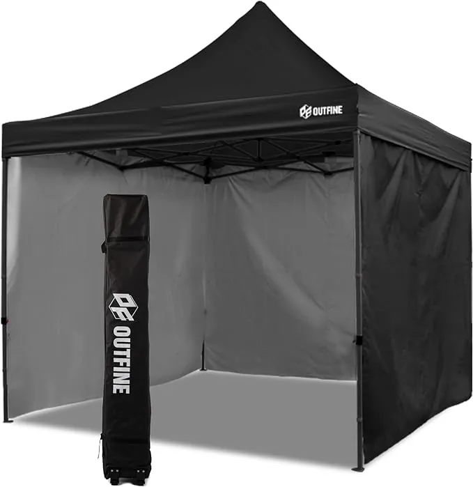 OUTFINE Heavy Duty Canopy 10x10 Pop Up Commercial Canopy Tent with 3 Side Walls Instant Shade, Bonus Upgrade Roller Bag, 4 Weight Bags, Stakes and Ropes (Black, 10 * 10FT)