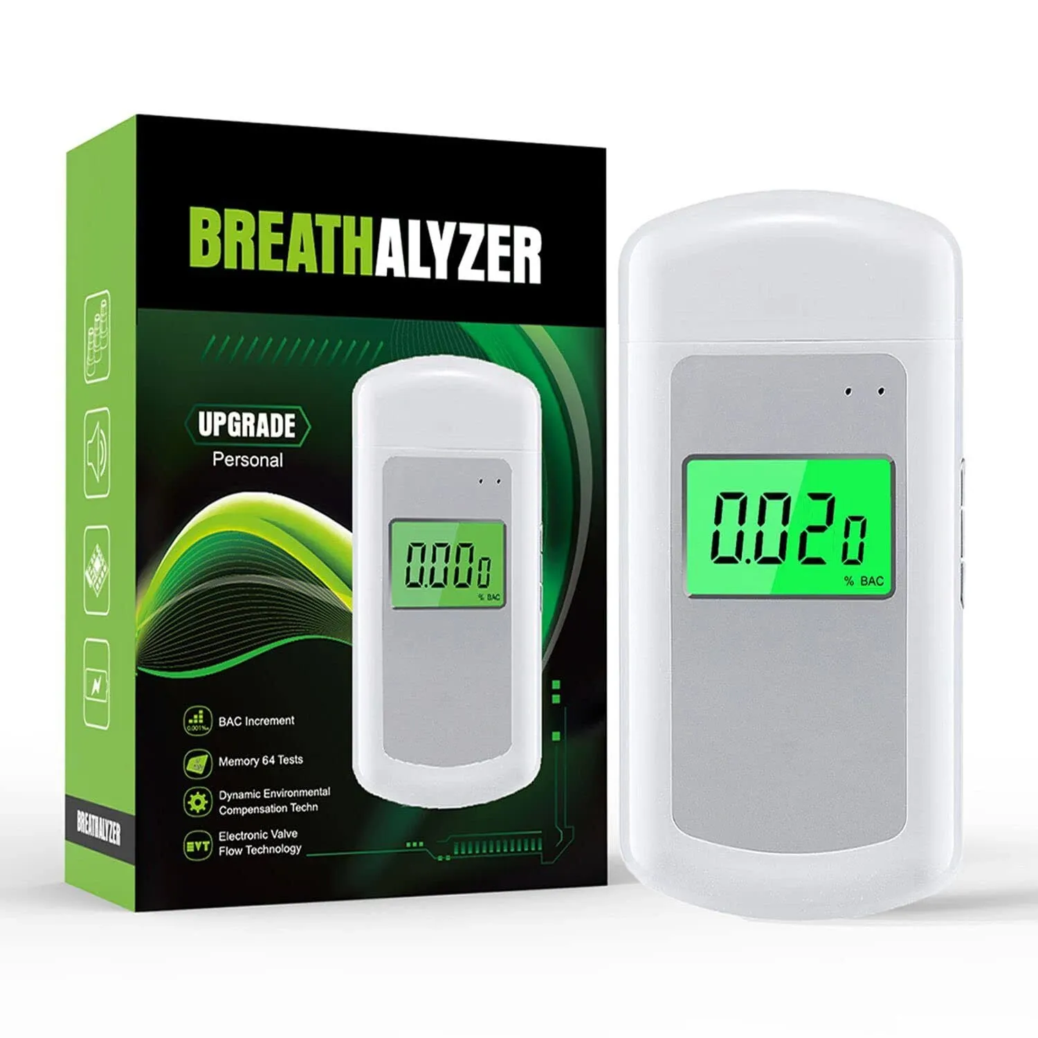 Portable Breathalyzer Tester with 1000mAh Rechargeable Battery, Personal Breathalyzer to Test Alcohol for Home, Party and Professional Use, Includes 10 Mouthpieces, USB Cable, and Storage Bag