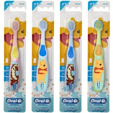 Oral-B Baby Manual Toothbrush, Pooh Characters, 0-3 Years Old, Extra Soft (Characters Vary) - Pack of 4