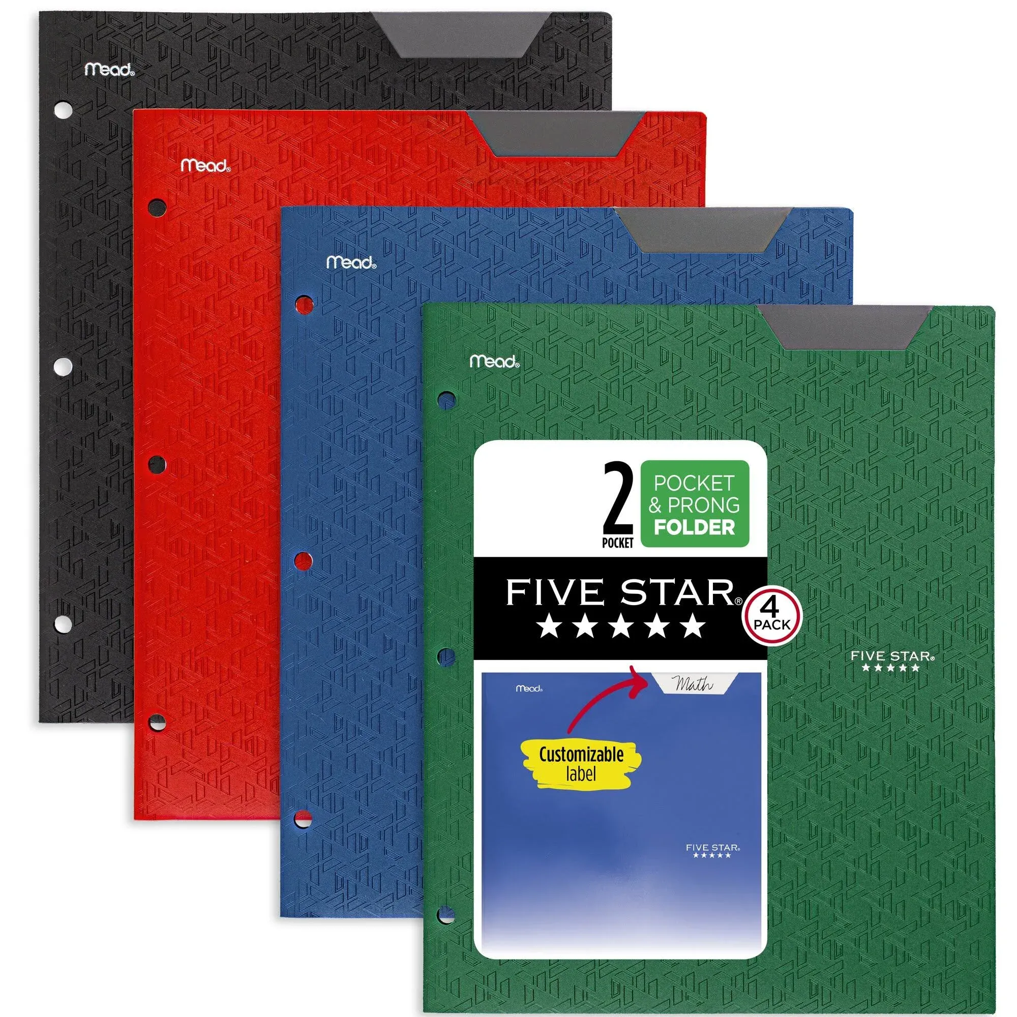 Five Star Two-Pocket Stay-Put Plastic Folder, 11 x 8.5, Assorted, 4/Pack