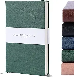 BEECHMORE BOOKS Graph Paper Notebook - Regular, Green | Premium Square Grid Math & Science Journal | 5.75" x 8.25" Hardcover Vegan Leather | Thick 120gsm Cream Graph Paper | Gift Box for Men & Women