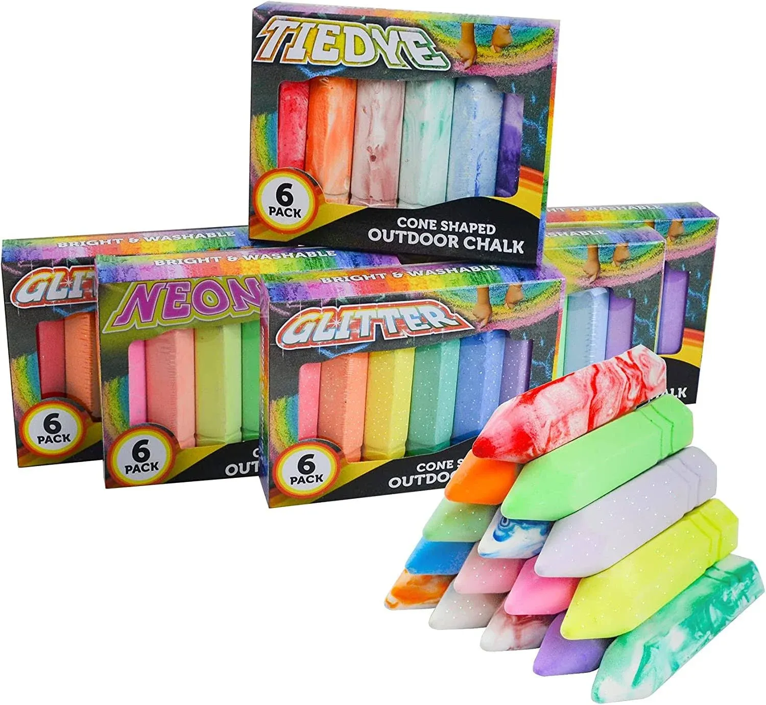 JOYIN 36 Pcs Washable Sidewalk Chalks Set in 6 Packs, 18 Colors, Including 12 Tie ...