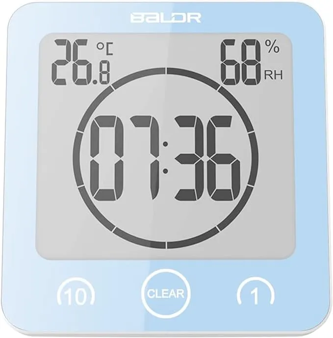 BALDR Digital Shower Clock with Timer - Blue - Water-Resistant Shower Timer, Countdown Timer Clock with Temperature and Humidity, Digital Clock for Shower, Bathroom Clock, Alarm Clock Battery Powered