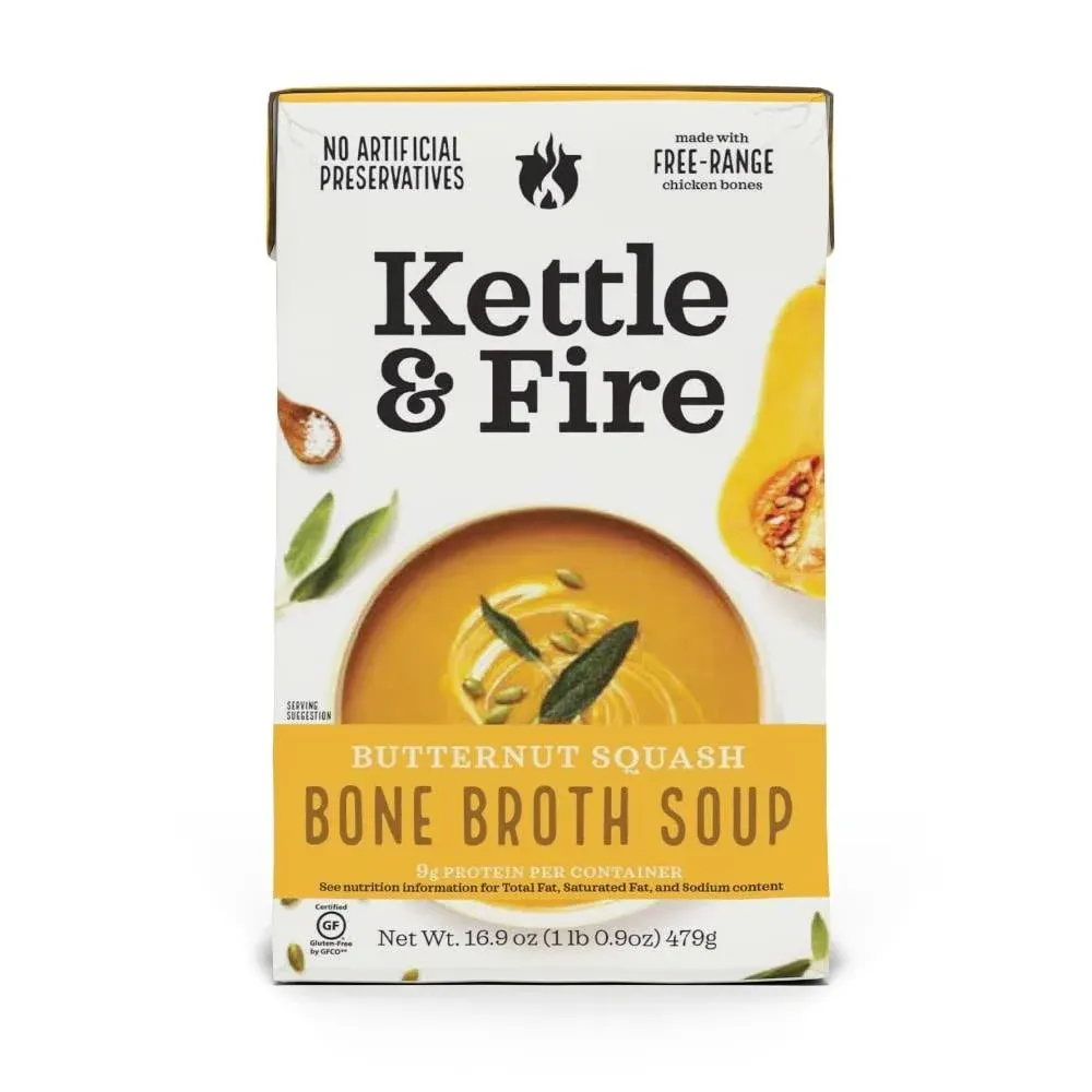 Butternut Squash Chicken Bone Broth Soup by Kettle and Fire, Pack of 2, Gluten Free Collagen Soup on The Go, Paleo, 9 G of Protein, 16.2 fl oz