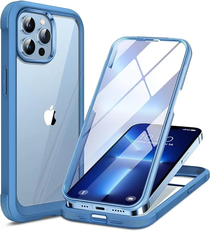 Miracase Glass Case Compatible with iPhone 13 Pro 6.1, [Built-in Glass Screen Protector] Full Body Rubber Bumper Clear Back Case Cover (Aqua Blue)