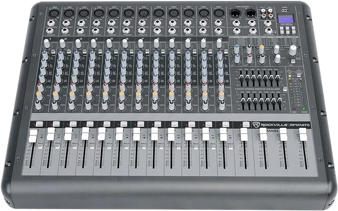 Rockville RPM1470 14 Channel 6000w Powered Mixer w/USB, Effects/14 XDR2 Mic Pres,Black