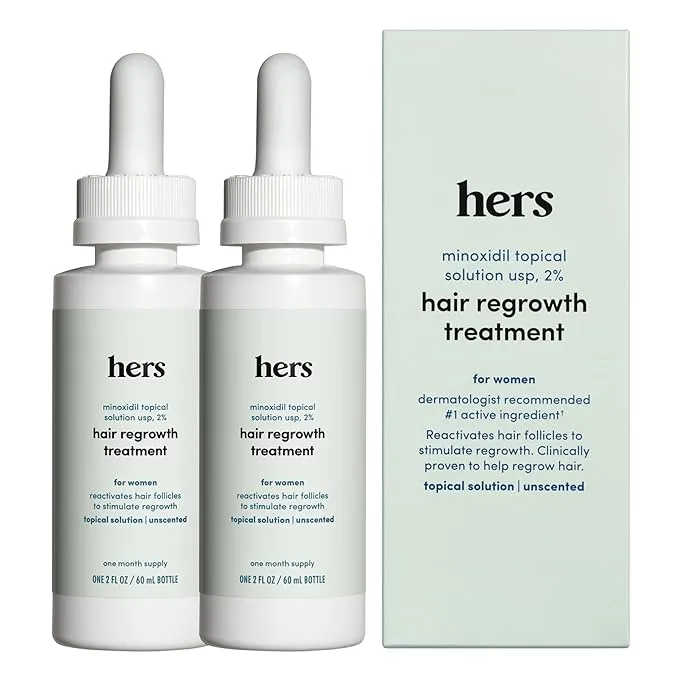 hers Topical Minoxidil Solution, 2% - Hair Growth Treatment for Women - Clinically Proven to Reduce Hair Loss in 3-6 Months - Unscented, 2 Pack