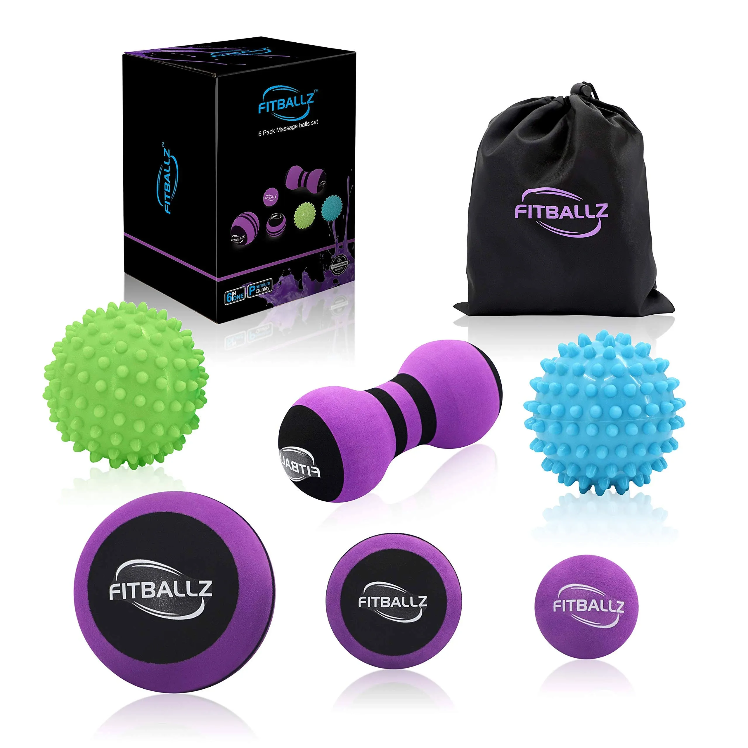 Massage Ball Set for Myofascial Trigger Point Release & Deep Tissue Massage, Kit of 6-3 Sizes Foam Massage Balls, 2 Spiky Balls Firm/Soft, Peanut Ball