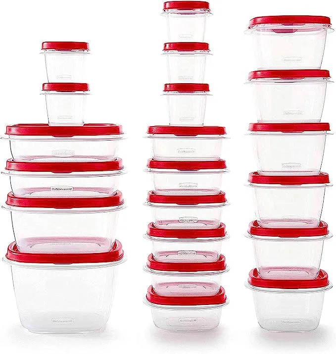 Rubbermaid 60-Piece Food Storage Containers with Lids, Salad Dressing and Condiment Containers, and Steam Vents, Microwave and Dishwasher Safe, Red