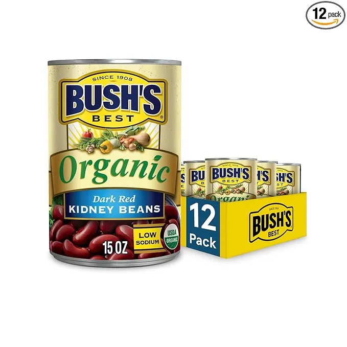 BUSH'S BEST 15 oz Canned Organic Dark Red Kidney Beans, Source of Plant Based Protein and Fiber, Low Fat, Gluten Free, (Pack of 12)