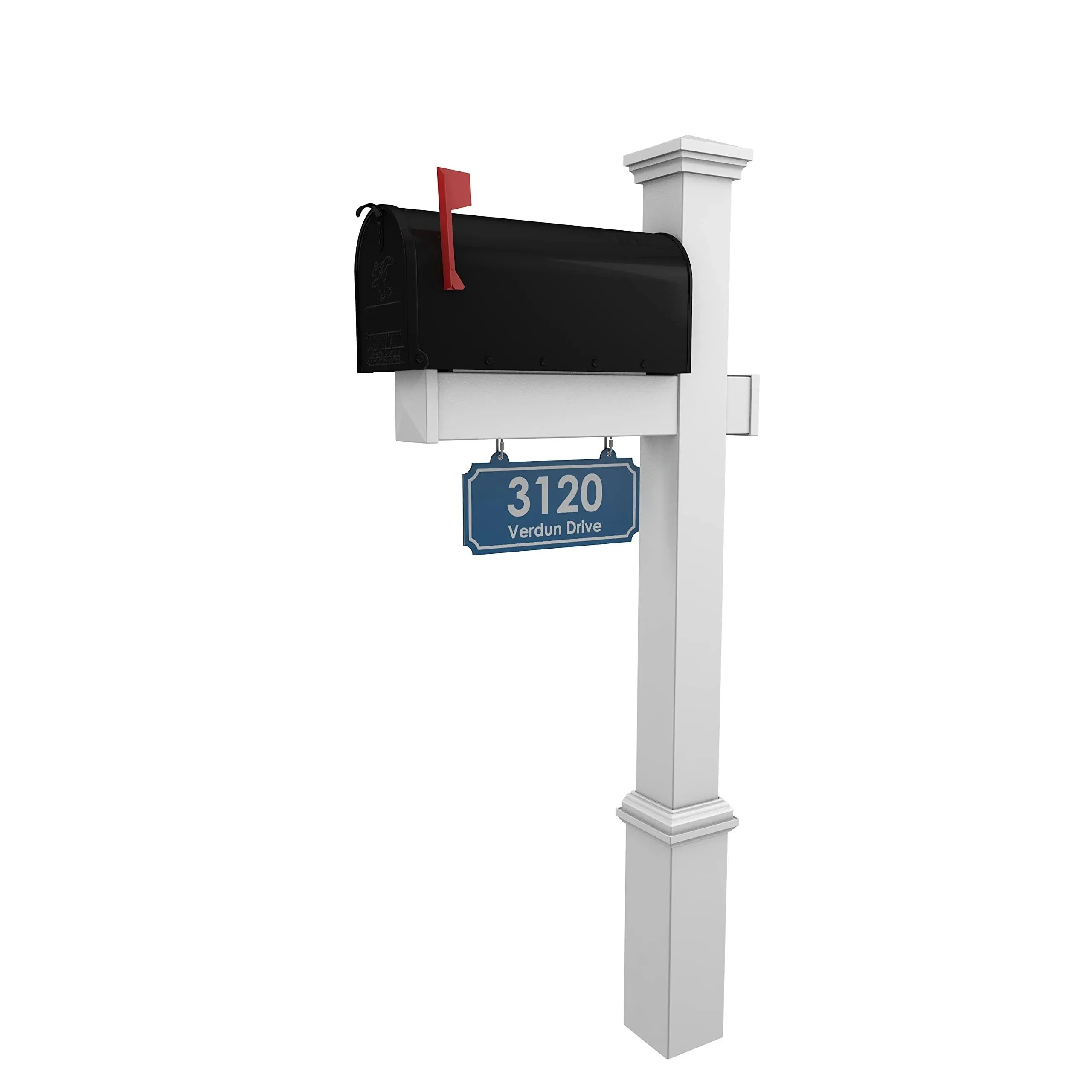 4ever Products Vinyl Mailbox Post System - Includes Black Steel Mailbox and Custom Address Plate (Blue)