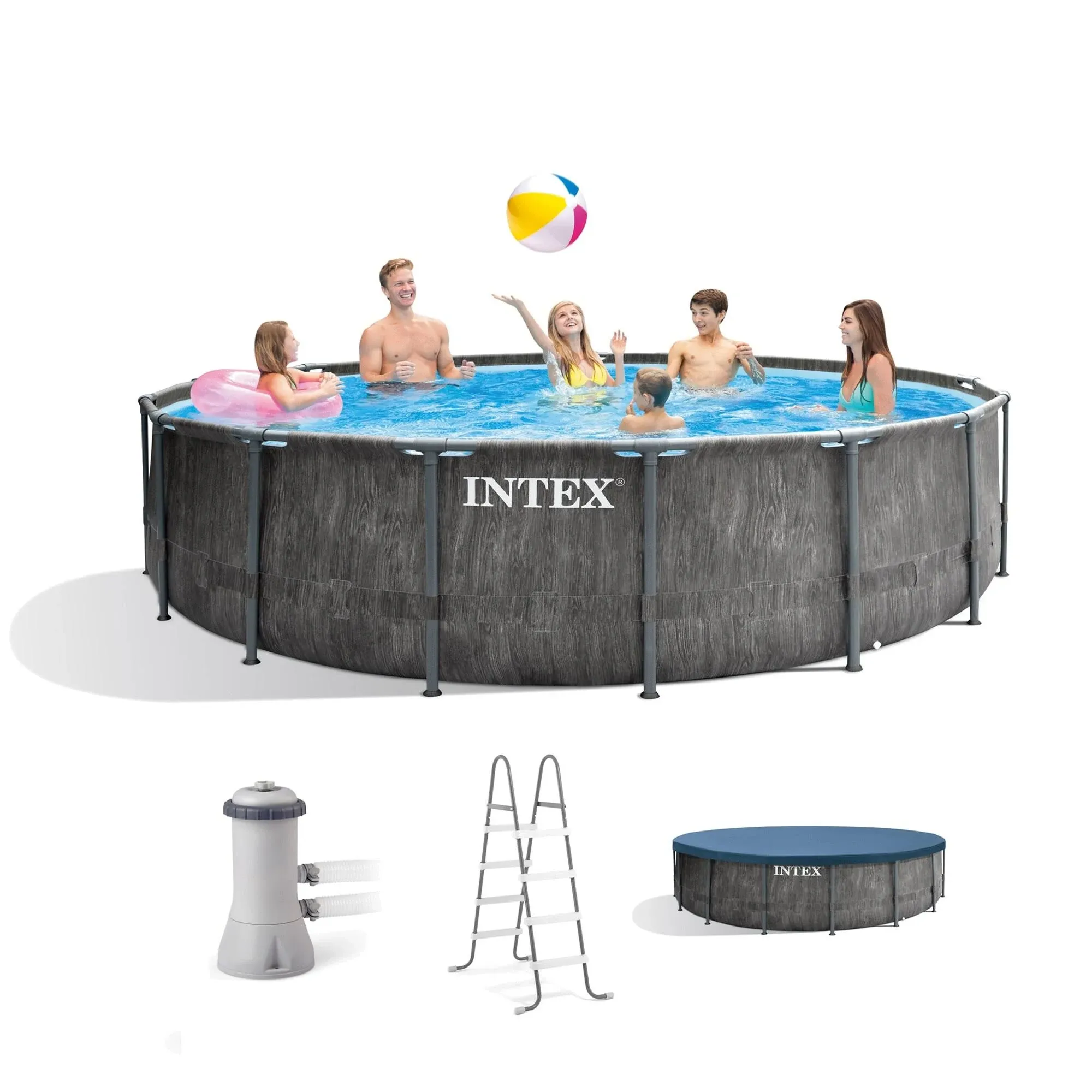 Intex Greywood Prism Frame 15' x 48" Round Above Ground Outdoor Swimming Pool Set with 1000 GPH Filter Pump, Ladder, Ground Cloth, and Pool Cover