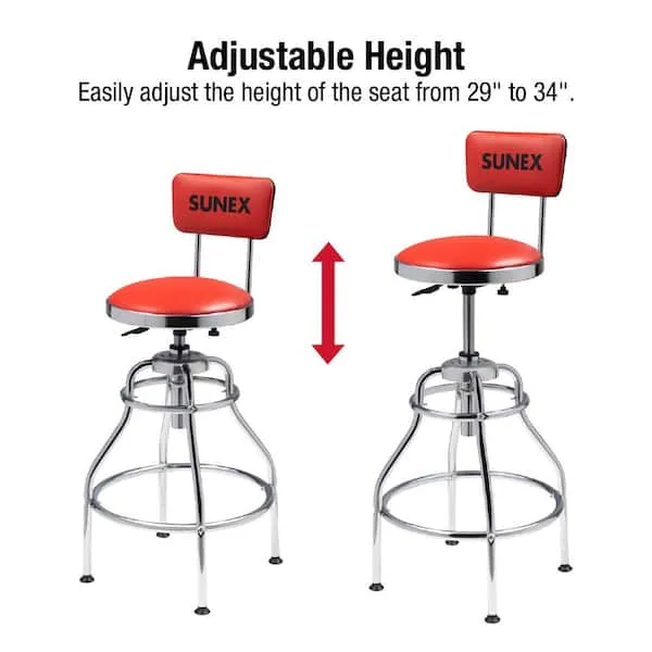 Sunex Chrome Hydraulic Shop Stool Anti Mircobial Vinyl Red New