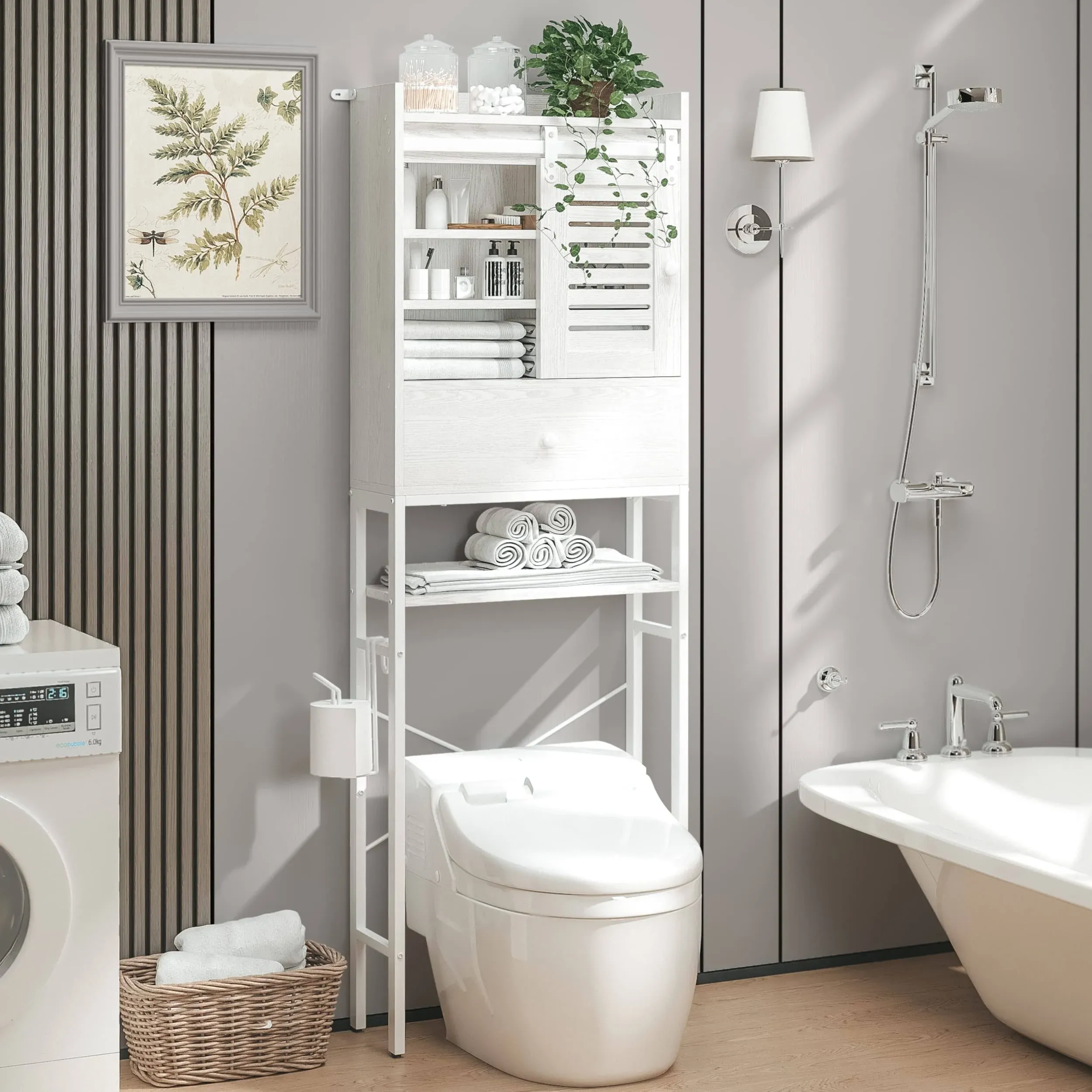 Over The Toilet Storage Rack with Cabinet and Drawer, 6 Tier Bathroom Organiz...