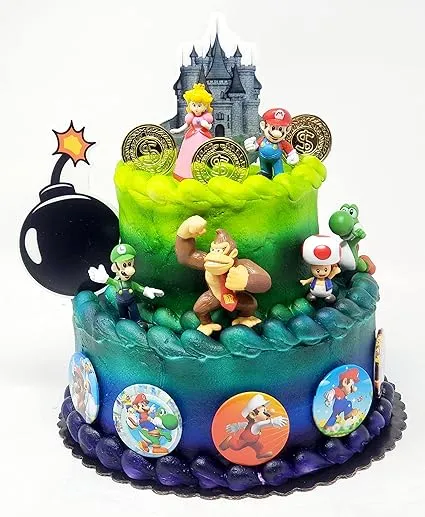 Mario Brothers 23 Piece Birthday Cake Topper Set Featuring Mario Castle, Bomb, Mario Coins, 6 Mario Figures Including Mario, Luigi