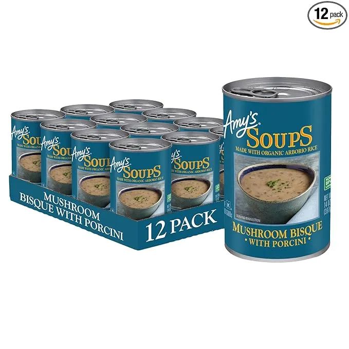 Amy's Soup, Mushroom Bisque Soup With Porcini, Gluten Free Organic Blend of Mushrooms, Rice, Vegetables and Cream, Canned Soup, 14 Oz (12 Pack)