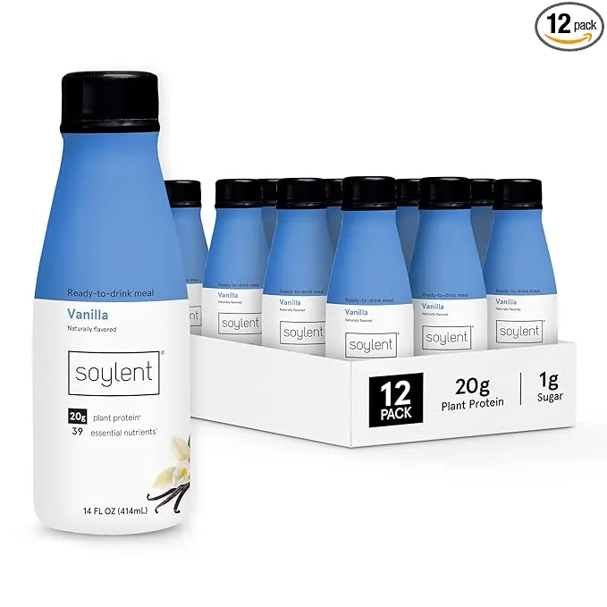 Soylent Vanilla Meal Replacement Shake, Ready-to-Drink Plant Based Protein Drink, Contains 20g Complete Vegan Protein and 1g Sugar, 14oz, 12 Pack