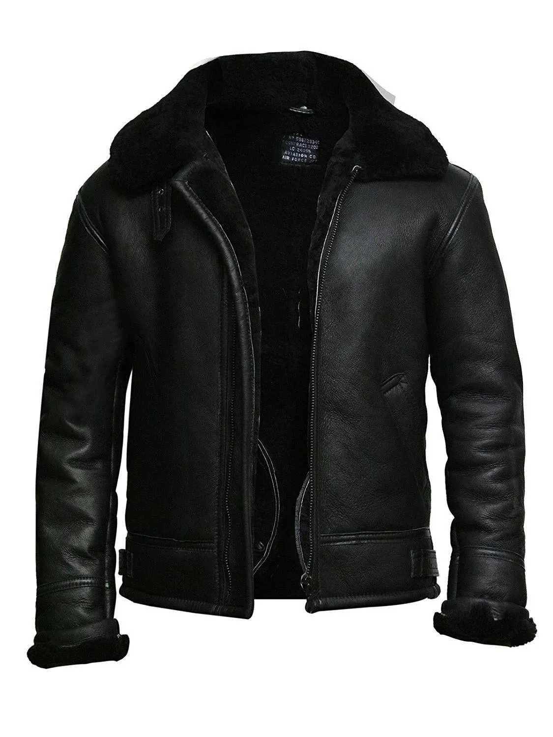 Men RAF Aviator Flight Pilot B3 Bomber Real Shearling Fur Black Sheepskin Real Leather Jacket