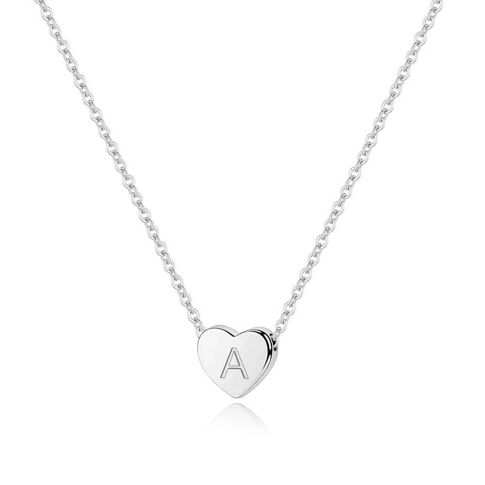 S925 Sterling Silver Heart Initial Necklace - White Gold 14K Gold Plated Silver 