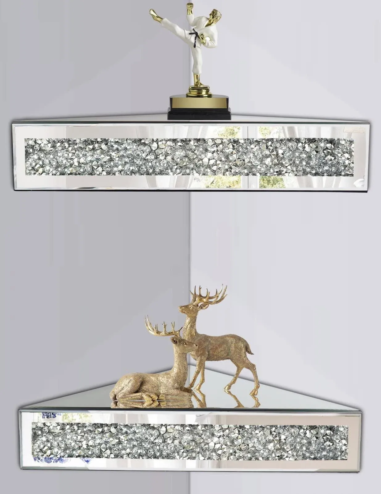 Mirrored Floating Conner Shelf, Silver Mirror Crushed Diamond Decorative Wall H,