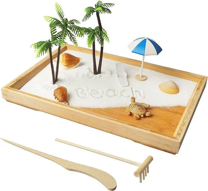 Japanese Zen Garden for Desk White Beach 12" x 8" Desktop Mini Zen Garden with White Sand Artificial Bonsai Tree Rocks Rakes & Accessories Meditation Zen Gifts Sand Tray Play Kit for Kids Adult