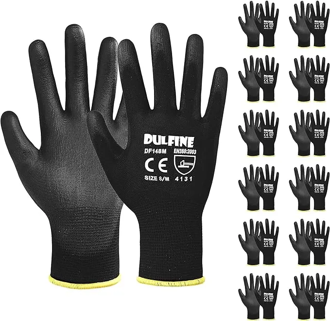 DULFINE Ultra-Thin PU Coated Work Gloves-12 Pairs,Excellent Grip,Nylon Shell Black Polyurethane Coated Safety Work Gloves, Knit Wrist Cuff,Ideal for