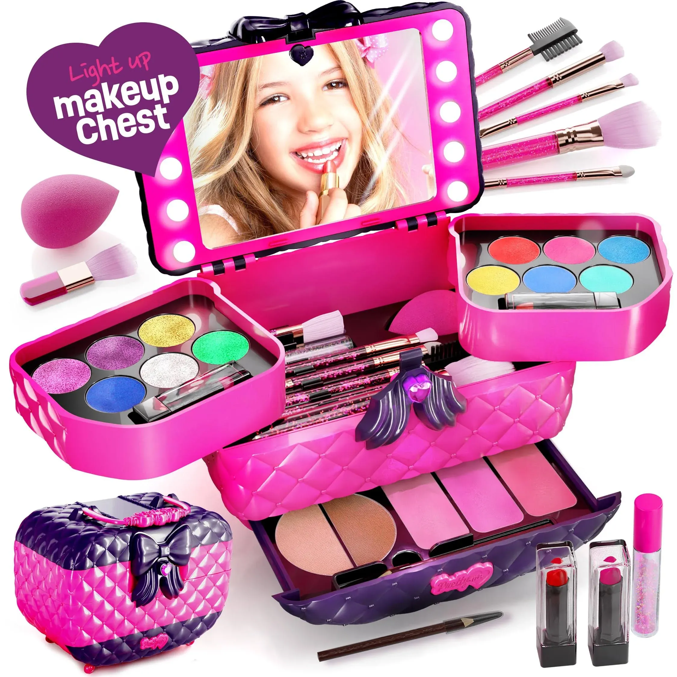 Light Up Makeup Kit for Kids - Real Girls Make Up Sets - Gifts Little Girl 3 4 5 6 7 8 Year Old Ages - Christmas Toys Birthday Gift Ideas Age 3-10 Years - Maquillaje para Niñas - Pretend Play Kits