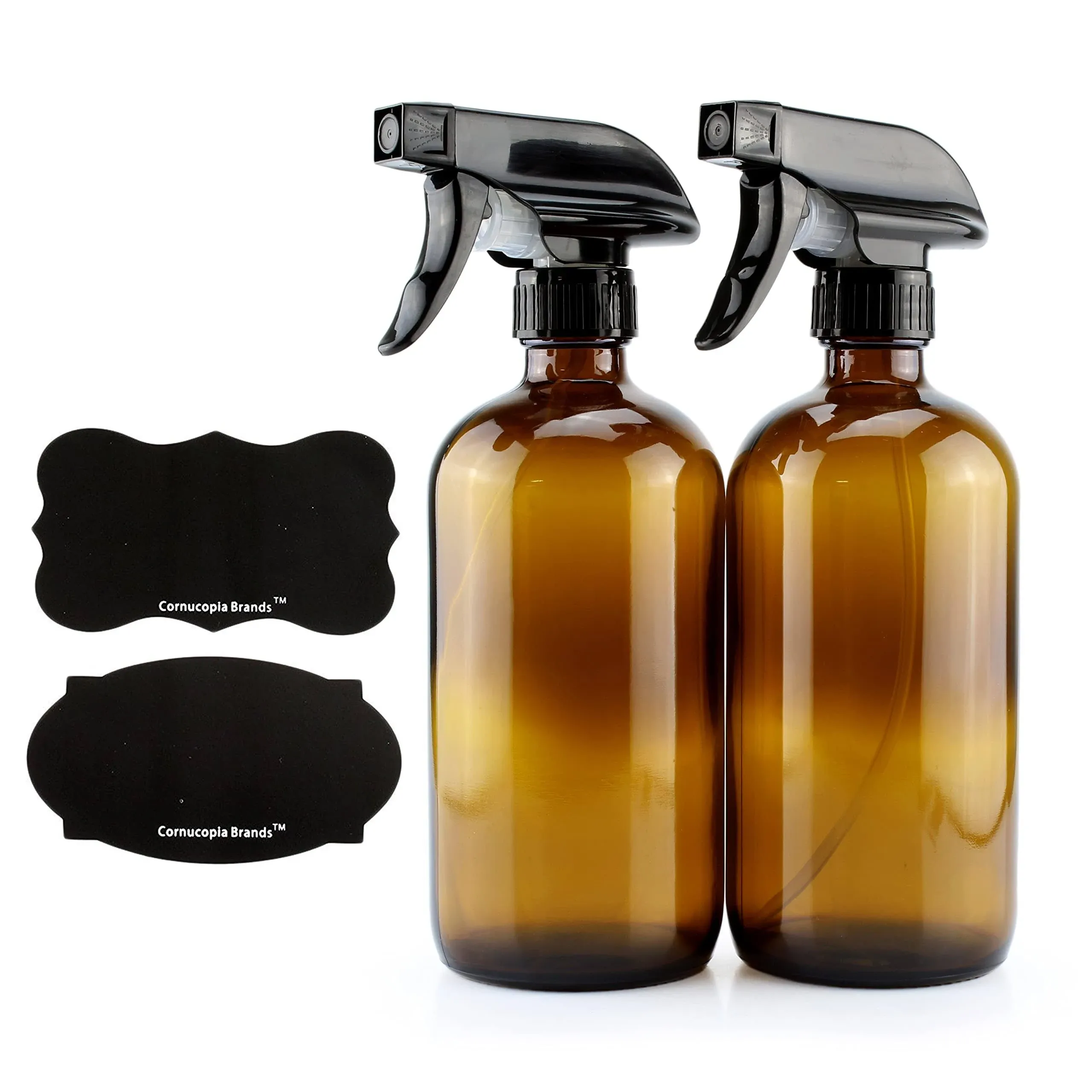 Cornucopia 16oz Amber Glass Spray Bottles w/Reusable Chalk Labels (2 Pack), Heavy Duty Mist & Stream 3-Setting Sprayer; Great for Essential Oils