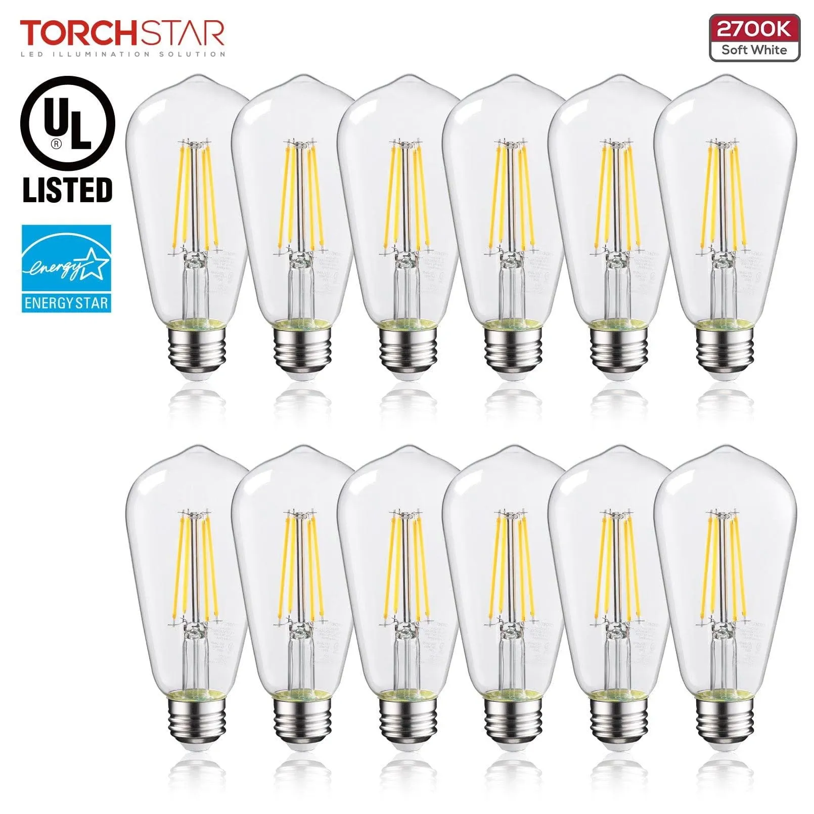 TORCHSTAR ST64 Dusk to Dawn Light Bulbs, Vintage LED Edison Bulbs, 7W Equivalent 75W, UL Listed, Auto On/Off Automatic Light Bulbs for Outside, E26 Base, Clear Glass, 2700K Soft White, Pack of 6