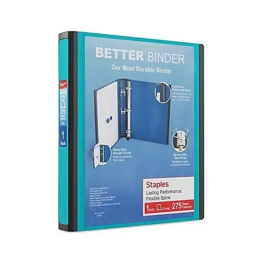 Staples 1" 3-Ring Better Binder, D-Ring, Teal (13466-cc)