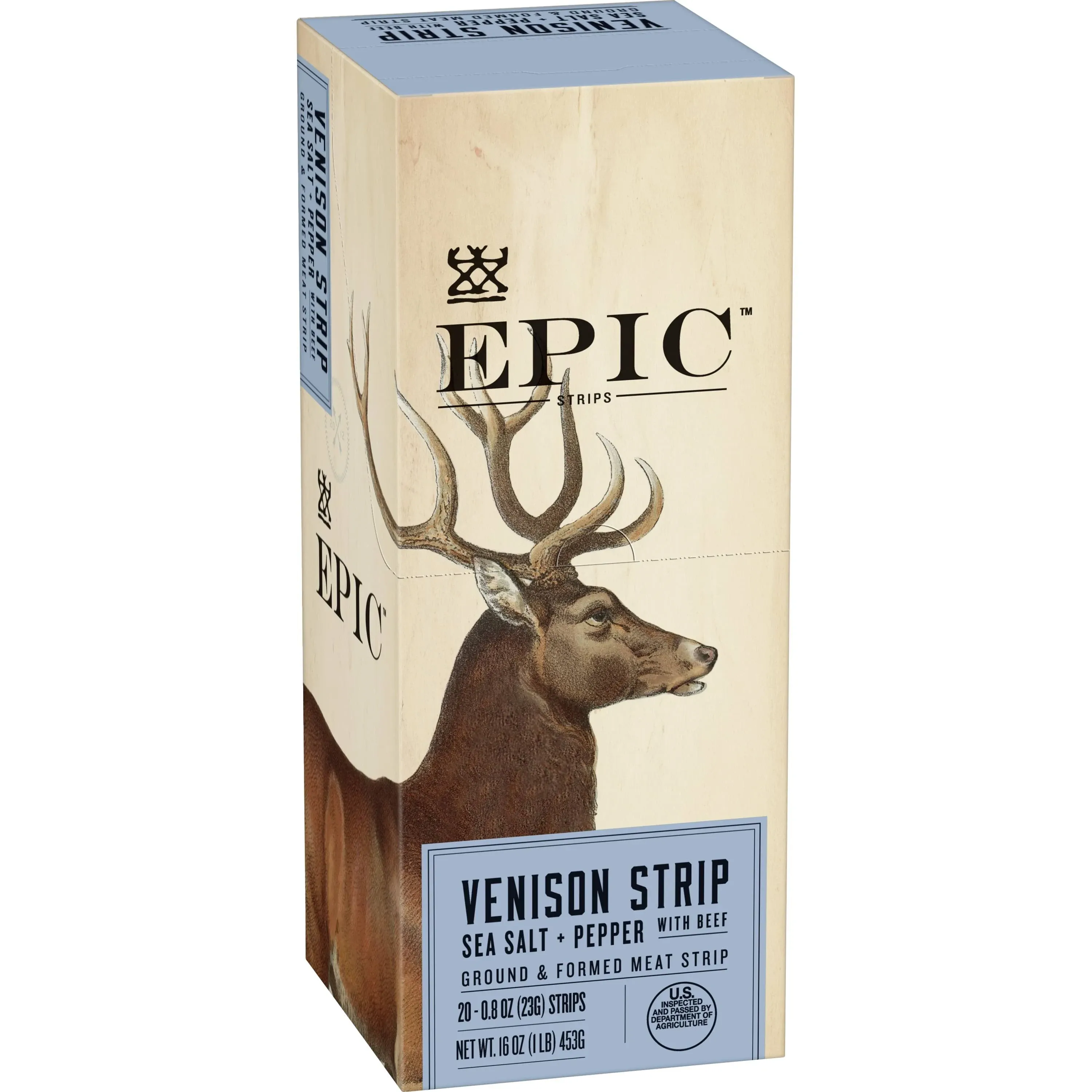 Epic Venison Strip, Sea Salt + Pepper with Beef - 20 pack, 0.8 oz strips