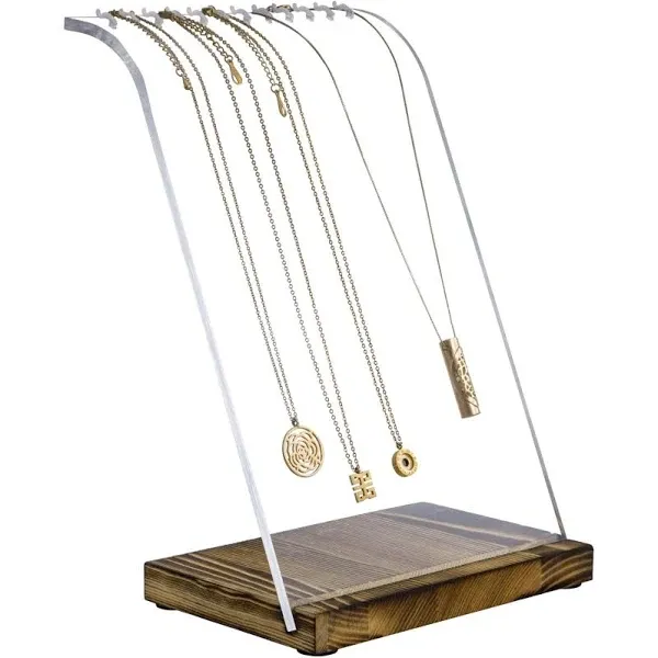 MyGift Modern Multi Necklace Holder with Detachable Clear Acrylic Panel and Burnt Solid Wood Base, Tabletop Jewelry Easel Stand Retail Display with 12 Hooks