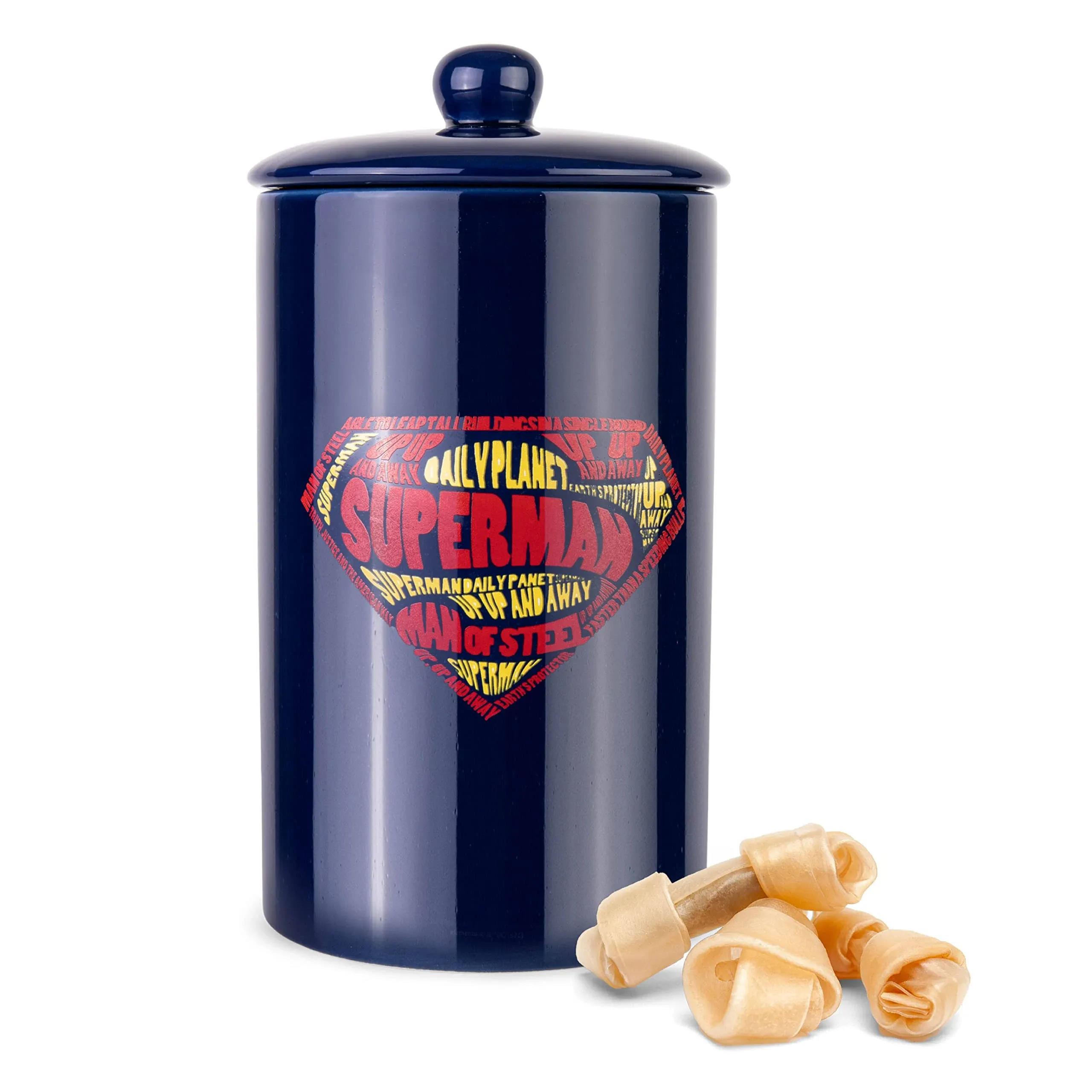 DC Comics Superman Logo Pattern Treat Jar | 10"x 5" Dog Treat Jar with Lid | Dishwasher Safe Superman Dog Food Storage Container Cylinder for Dog Treats