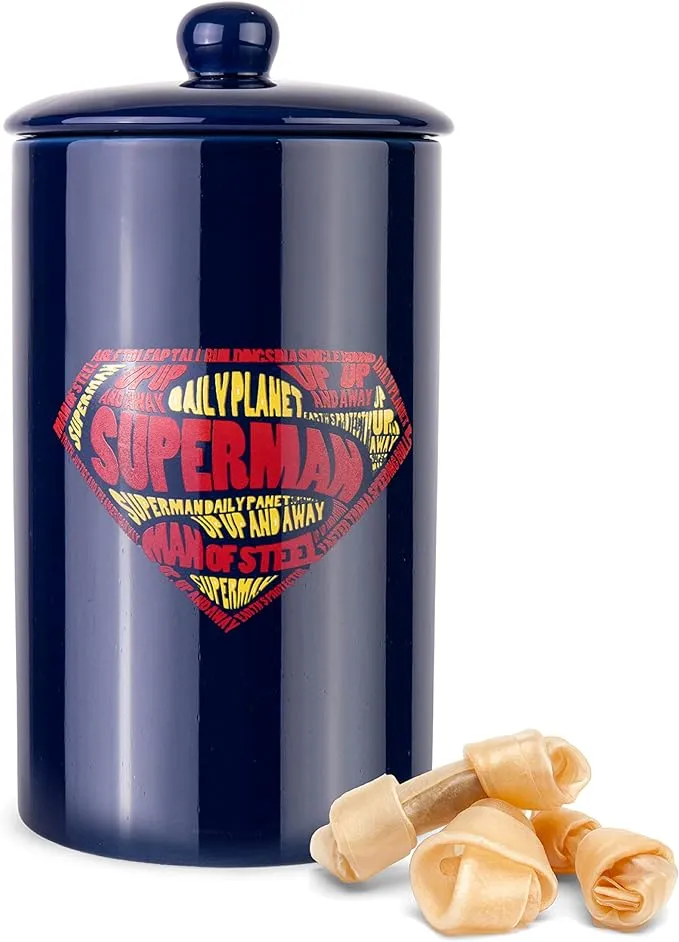 NIB!!\xa0DC Comics Superman\u205fLogo Pattern Treat Jar w/Lid, 10&quot;x 5&quot;, Dishwasher Safe