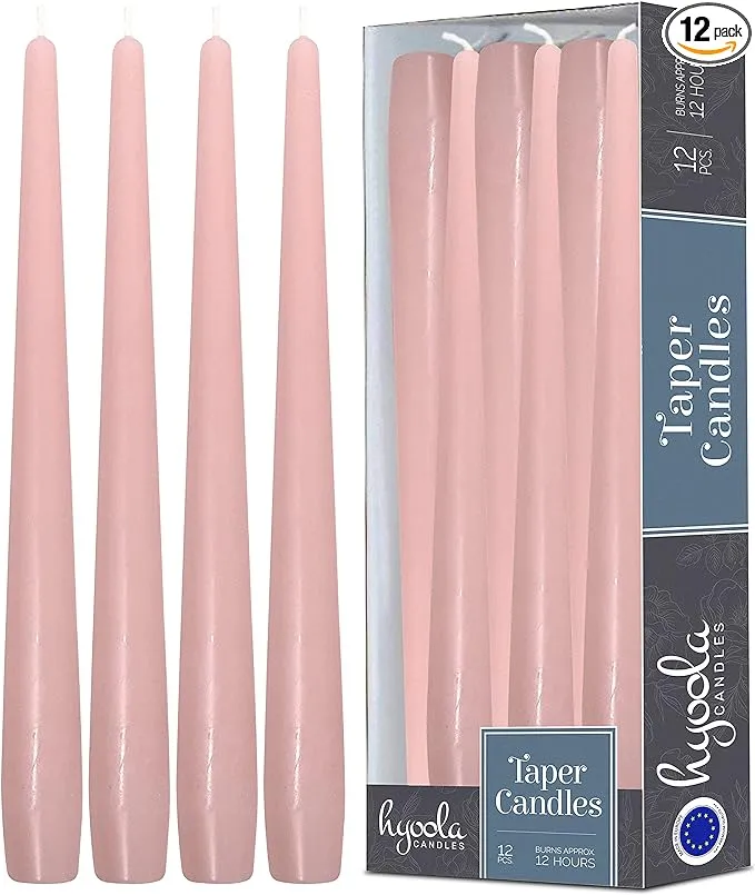 Hyoola Tall Taper Candles - 12 Inch Light Pink Unscented Dripless Taper Candles - 10 Hour Burn Time - 12 Pack