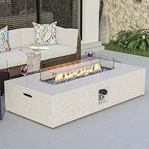 COSIEST Outdoor Rectangle Fire Pit Table W Fire Glass, Wind Guard - White/Blue