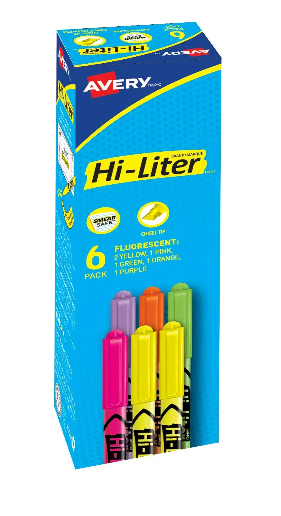 AVERY Hi-Liter Pen-Style Highlighters, Smear Safe Ink, Chisel Tip, 6 Assorted Color Highlighters (23565)