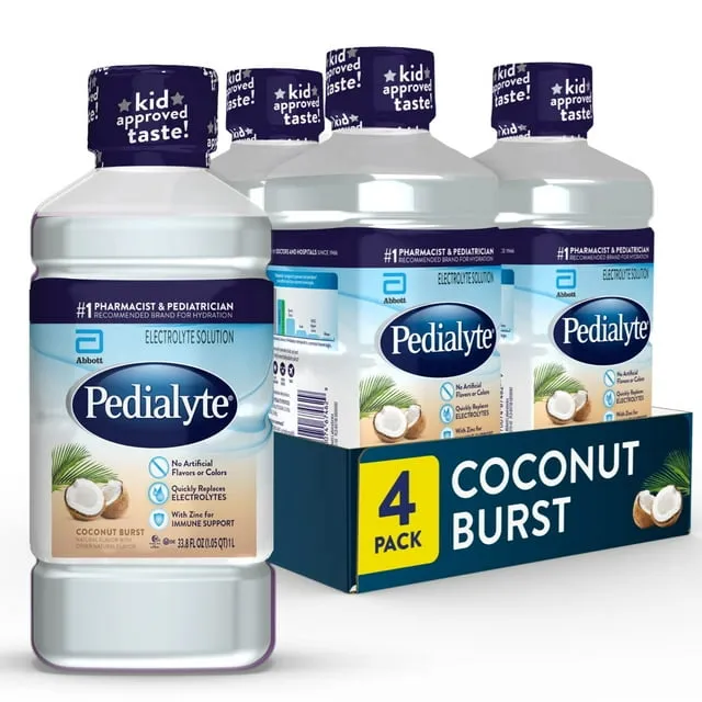 Pedialyte Electrolyte Solution, Coconut Burst, Hydration Drink, 4 bottles, 1 liter each